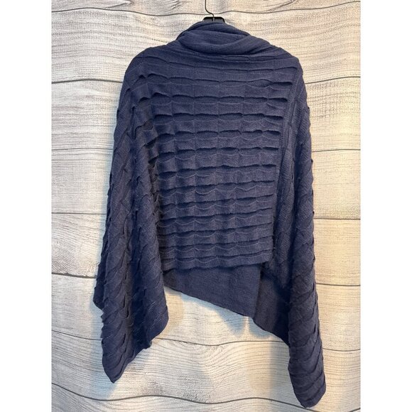 Navy Blue Textured Knit Poncho With Cowl Neckline O/S - Picture 2 of 2